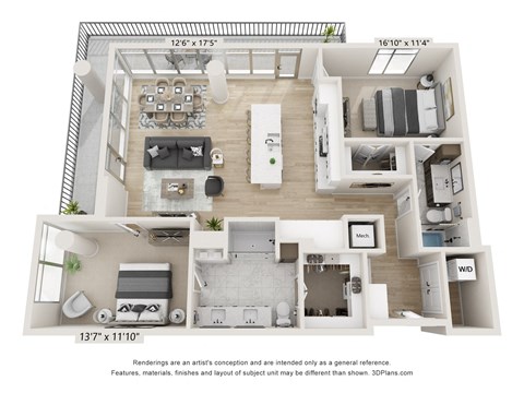 Floor plan for 2 beds, 2 baths, 1395 sqft